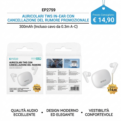 TWS In-Ear Earbuds with Active Noise Cancellation (ANC + ENC) -30dB, Powerful 300mAh Battery, Promotional Pack with 0.3m A-C Cable Included, Excellent Sound, White
