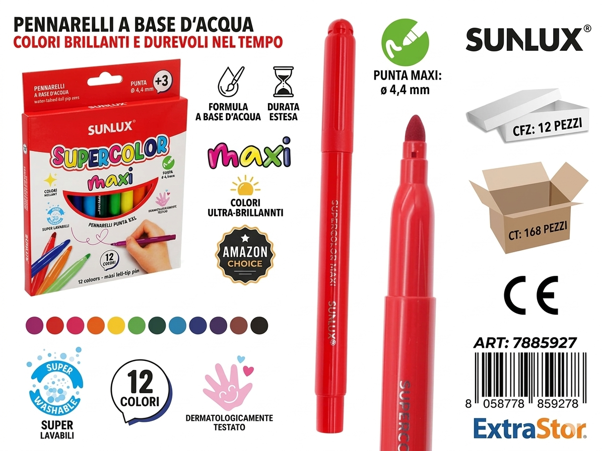 Sunlux Set di 12 Pennarelli maxi Supercolor a Punta Sottile 4.4 mm Lavabili e Sicuri per Scuola e Tempo Libero 12 Colori maxi