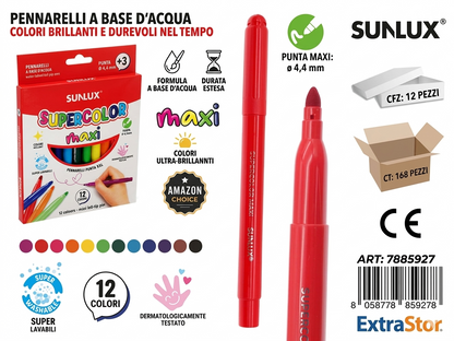 Sunlux Set di 12 Pennarelli maxi Supercolor a Punta Sottile 4.4 mm Lavabili e Sicuri per Scuola e Tempo Libero 12 Colori maxi