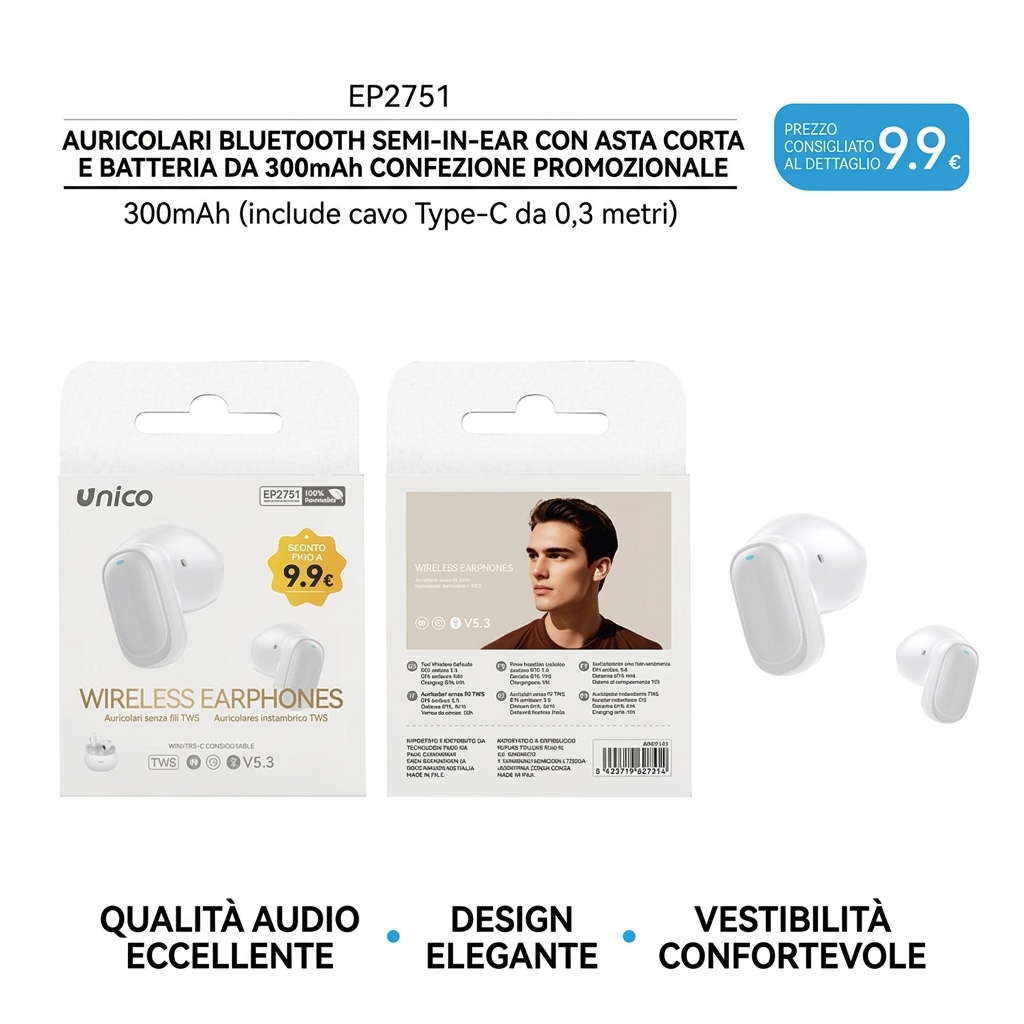 Auricolari In-Ear Bluetooth TWS, Gambo Corto Ergonomico, Batteria 300mAh, Confezione Promozionale con Cavo da 0.3m A-C Incluso, Suono Eccellente, Design Moderno, Bianco - OFFERTA €9,90