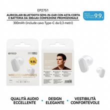 Auricolari In-Ear Bluetooth TWS, Gambo Corto Ergonomico, Batteria 300mAh, Confezione Promozionale con Cavo da 0.3m A-C Incluso, Suono Eccellente, Design Moderno, Bianco - OFFERTA €9,90