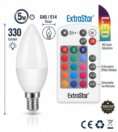ExtraStar Lampadina LED RGB E14 5W con Telecomando 16 Colori c37RGB mart Multicolore