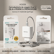 Caricatore da Viaggio Unico 30W Dual Port, Ricarica Super Veloce PD & QC, Compatibilità Universale, Sicurezza Certificata