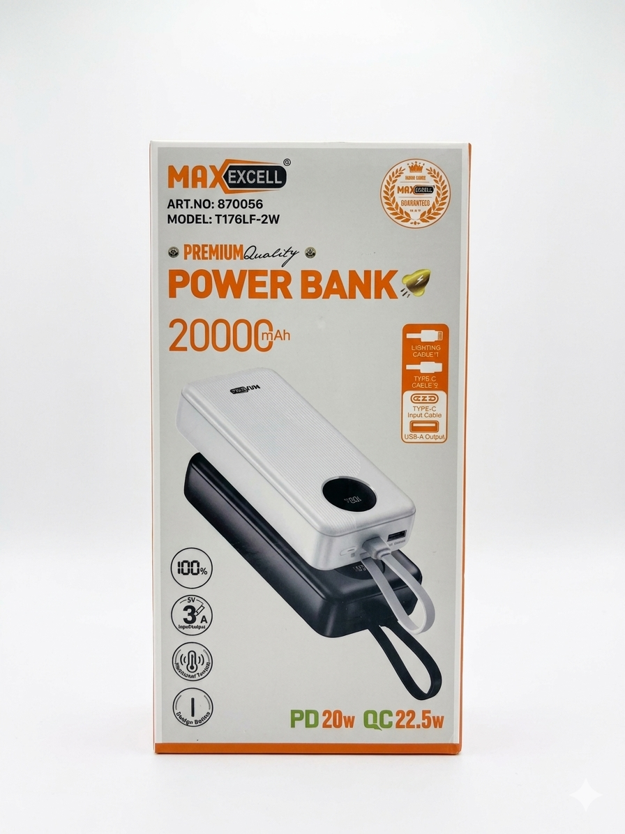 Power Bank 20000mAh MAXEXCELL - Carica Rapida Multi-Dispositivo, Compatto e Portatile con Cordino, Ideale per Viaggi e Uso Quotidiano