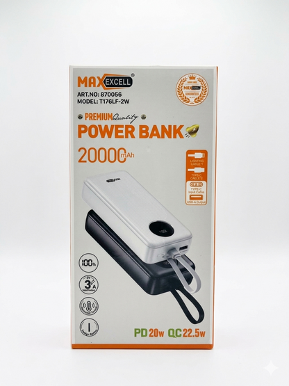 Power Bank 20000mAh MAXEXCELL - Carica Rapida Multi-Dispositivo, Compatto e Portatile con Cordino, Ideale per Viaggi e Uso Quotidiano