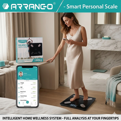 Bilancia Smart in Vetro Bluetooth con Tecnologia Bluetooth e Vetro Temperato Nero Portata 180 kg Display LCD 4 Sensori Analisi Benessere Ultra Sottile 2,2 cm