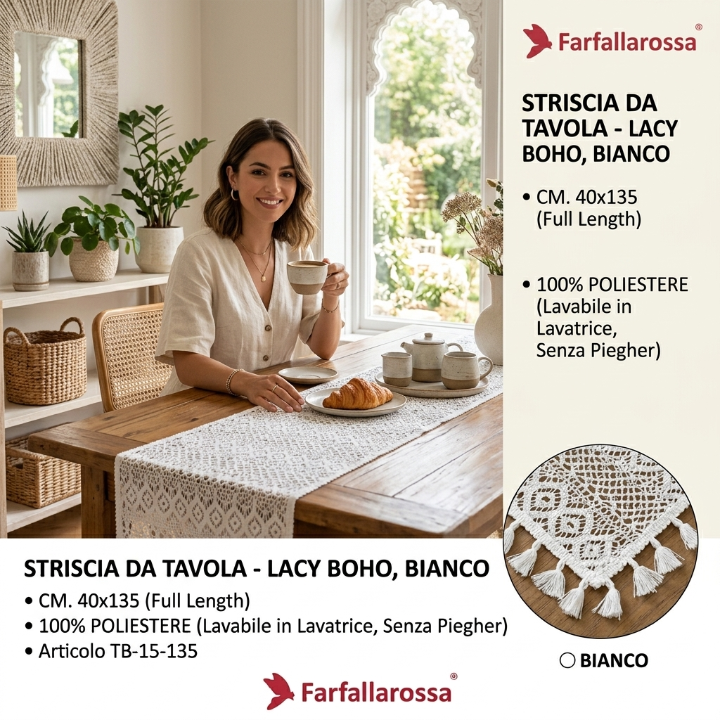Farfallarossa Striscia da Tavola Pizzo 40x135cm Lacy Boho TB-15-135 Crema Bianco Misto 100% Poliestere Lavabile