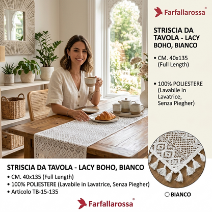 Farfallarossa Striscia da Tavola Pizzo 40x135cm Lacy Boho TB-15-135 Crema Bianco Misto 100% Poliestere Lavabile