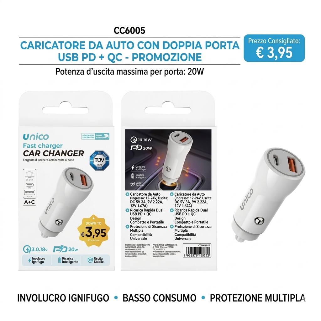 USB C Car Charger 20W PD & USB A 18W Quick Charge, Dual Port Car Adapter, Fast Charging for iPhone and Android, Fireproof Material, White