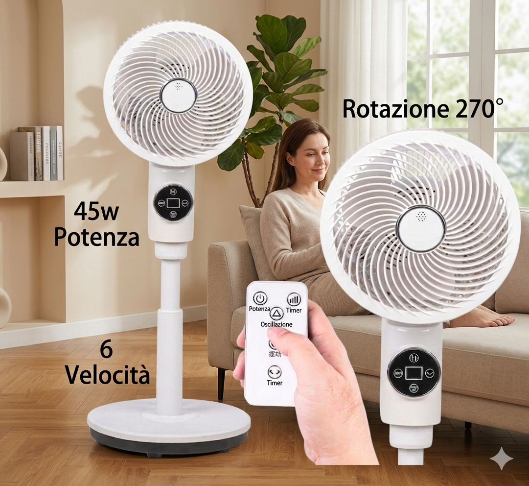 Ventilatore a Piantana con 3 Pale, Leggero e Salvaspazio, Potenza 45 Watt con Telecomando e 6 Velocità Selezionabili, Funzione Timer, Base Antiribaltamento, Ventilazione Silenziosa