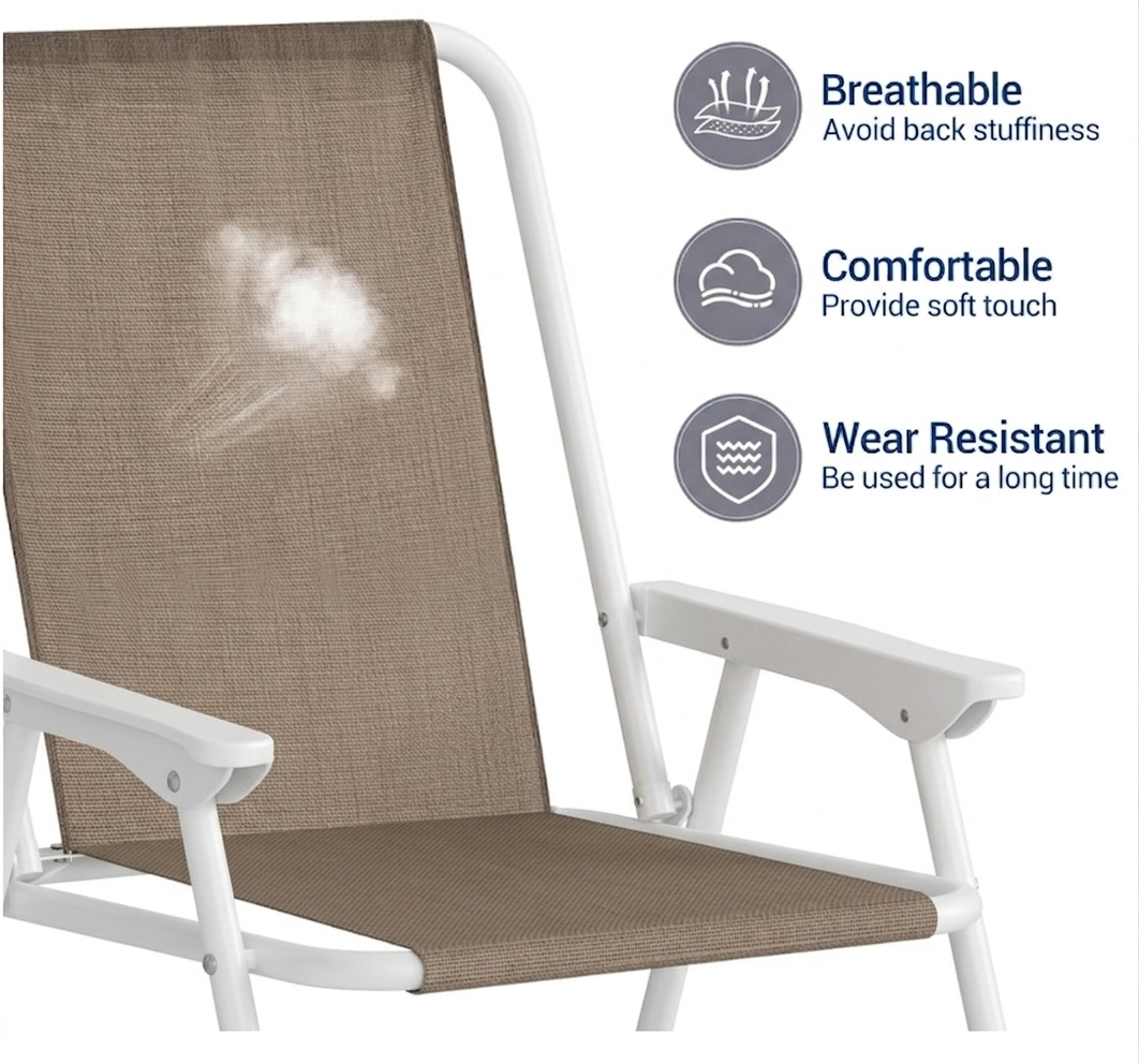 Sedia da Mare Pieghevole con Braccioli - Struttura in Metallo Bianco e Tessuto Marrone - Dimensioni: 52x48x86H cm - Capacità Massima: 100 kg - Sedia da Campeggio e Giardino Leggera e Portatile