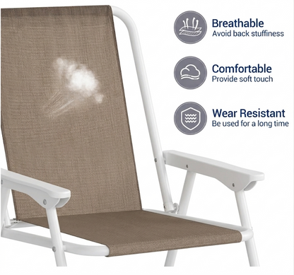 Sedia da Mare Pieghevole con Braccioli - Struttura in Metallo Bianco e Tessuto Marrone - Dimensioni: 52x48x86H cm - Capacità Massima: 100 kg - Sedia da Campeggio e Giardino Leggera e Portatile