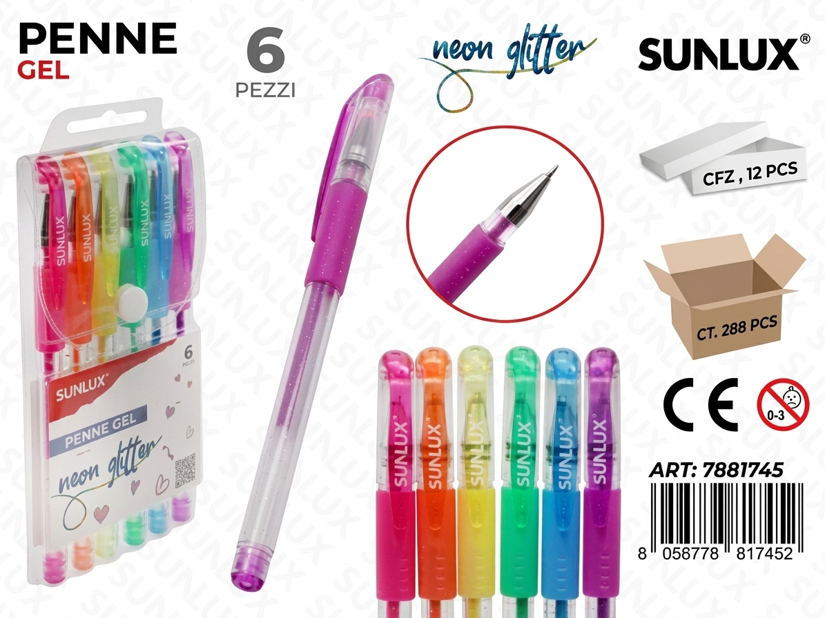 SUNLUX Penne Gel Neon Gritter 6pz Scrittura Luminosa e Distintiva Ideali per Uso Quotidiano ART 7881745