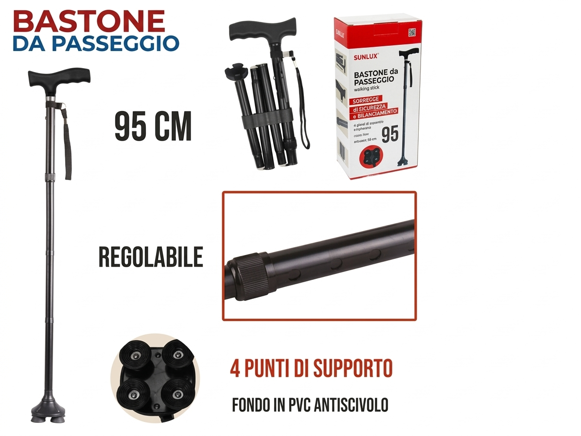 Sunlux Walking Stick 95cm Adjustable with 4 Support Points and Non-Slip PVC Base for Safety and Comfort