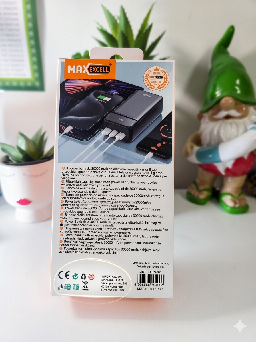 MAX EXCELL Power Bank 30000mAh con 22.5W QC e PD20W Carica Rapida Veloce Alta Capacità Type-C e 2 USB-A Batteria Esterna Portatile