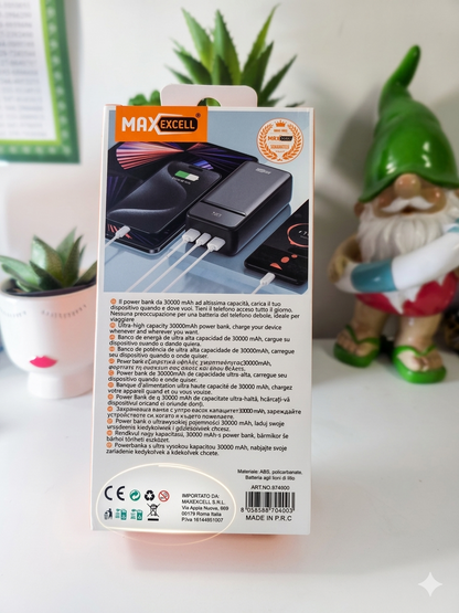 MAX EXCELL Power Bank 30000mAh con 22.5W QC e PD20W Carica Rapida Veloce Alta Capacità Type-C e 2 USB-A Batteria Esterna Portatile