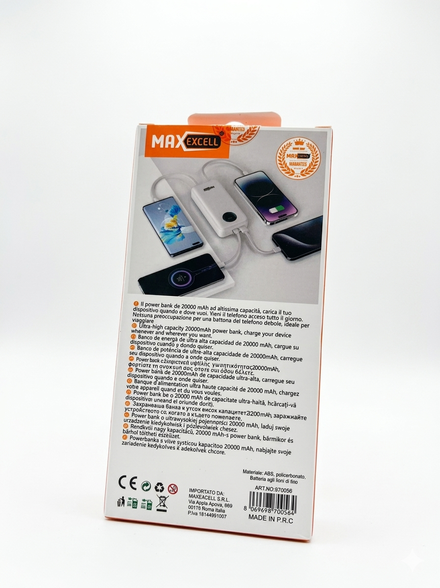 Power Bank 20000mAh MAXEXCELL - Carica Rapida Multi-Dispositivo, Compatto e Portatile con Cordino, Ideale per Viaggi e Uso Quotidiano