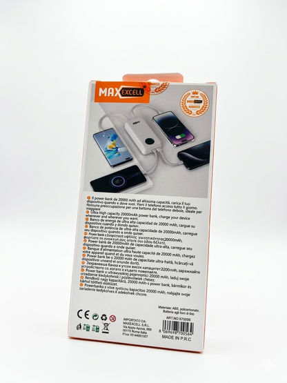 Power Bank 20000mAh MAXEXCELL - Carica Rapida Multi-Dispositivo, Compatto e Portatile con Cordino, Ideale per Viaggi e Uso Quotidiano