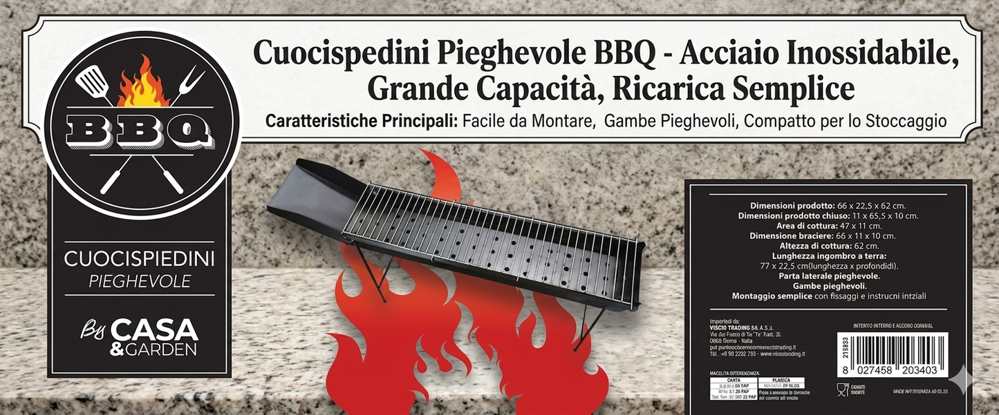 Cuocispedini Pieghevole BBQ Compatto 11x65 cm Area Cottura 47x11 cm Acciaio Resistente per Picnic e Campeggio Super Compatto e Facile da Trasportare