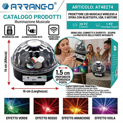 Proiettore Luci Discoteca LED con Bluetooth e USB - Sfera Magica Musicale con Telecomando - Lampada da Festa a Ritmo di Musica per Compleanni, Party e DJ