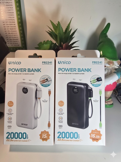 Power Bank Unico PB2241 20000mAh 22.5W Super Fast Charger - Ricarica Rapida PD20W, con Display LED, Protezione a 6 Strati e Cavo Integrato