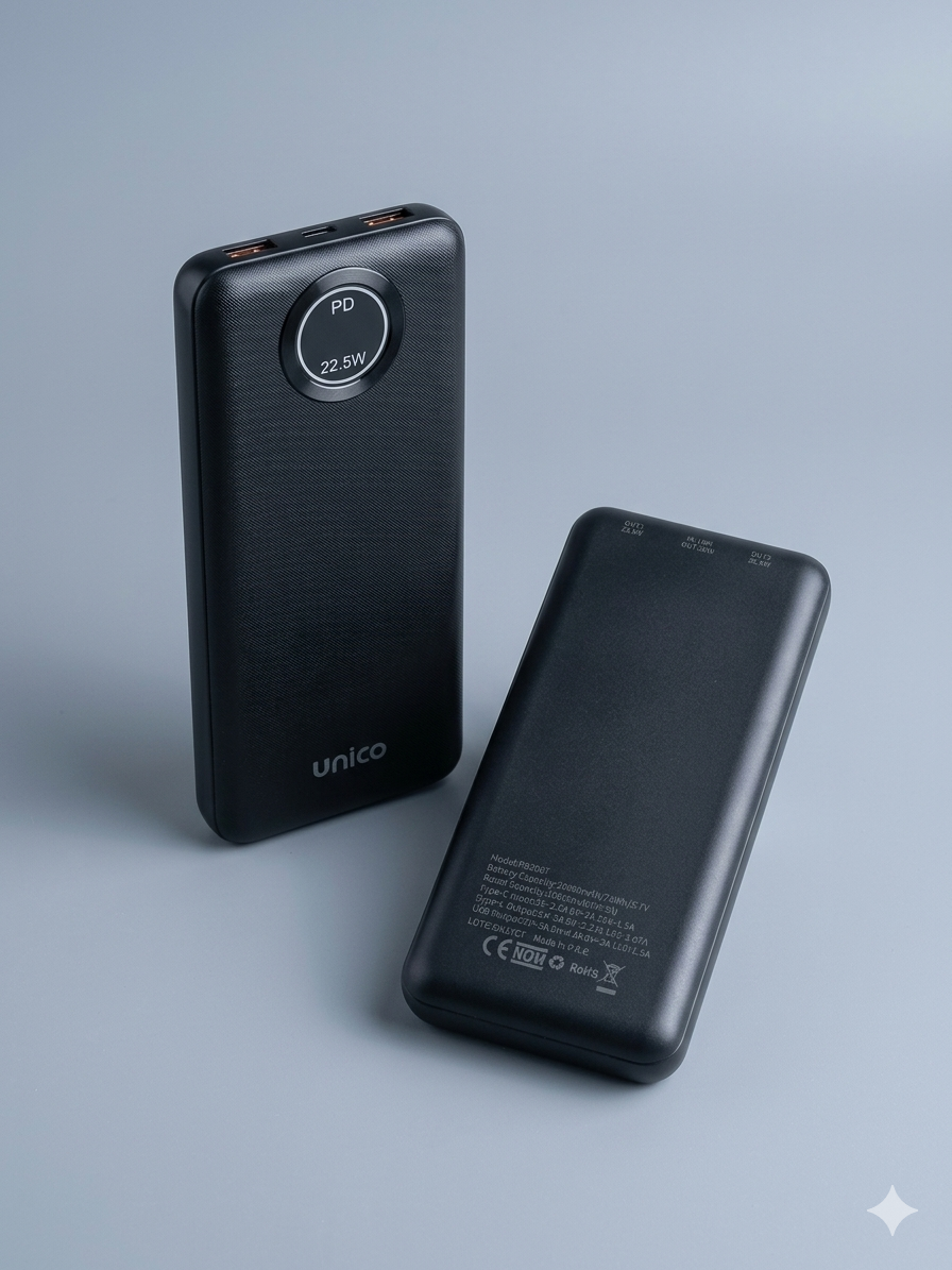 Unico Power Bank 20000mAh PB3007 Ricarica Rapida PD 22.5W con Display LED e Cavo Integrato Caricabatterie Portatile Super Veloce