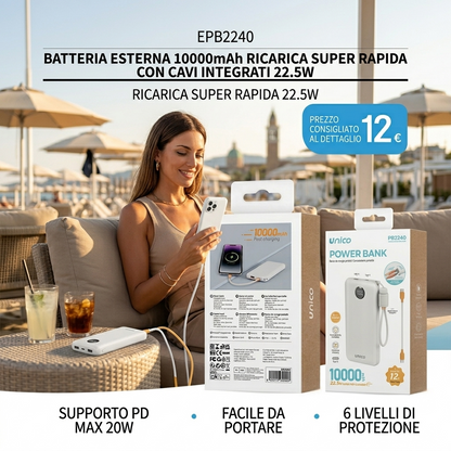 10000mAh Power Bank with Built-in Cables, 22.5W Fast Charging & 20W PD Max, LED Display, Compact and Portable Design, 6-Level Protection, White - SPECIAL OFFER €12.00