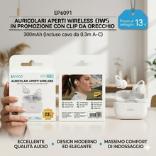 Auricolari Aperti Wireless OWS con Clip da Orecchio Ergonomica, Bluetooth BTS 6.0, Batteria 300mAh con Cavo 0.3m A-C, Suono HD, Bianco - PROMO SPECIALE €13,00