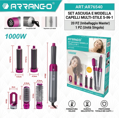 5-in-1 Multifunction Hair Dryer - 1000W Hot Air Brush - Hair Dryer, Volumizer, Curler and Straightener - Ideal for All Hair Types