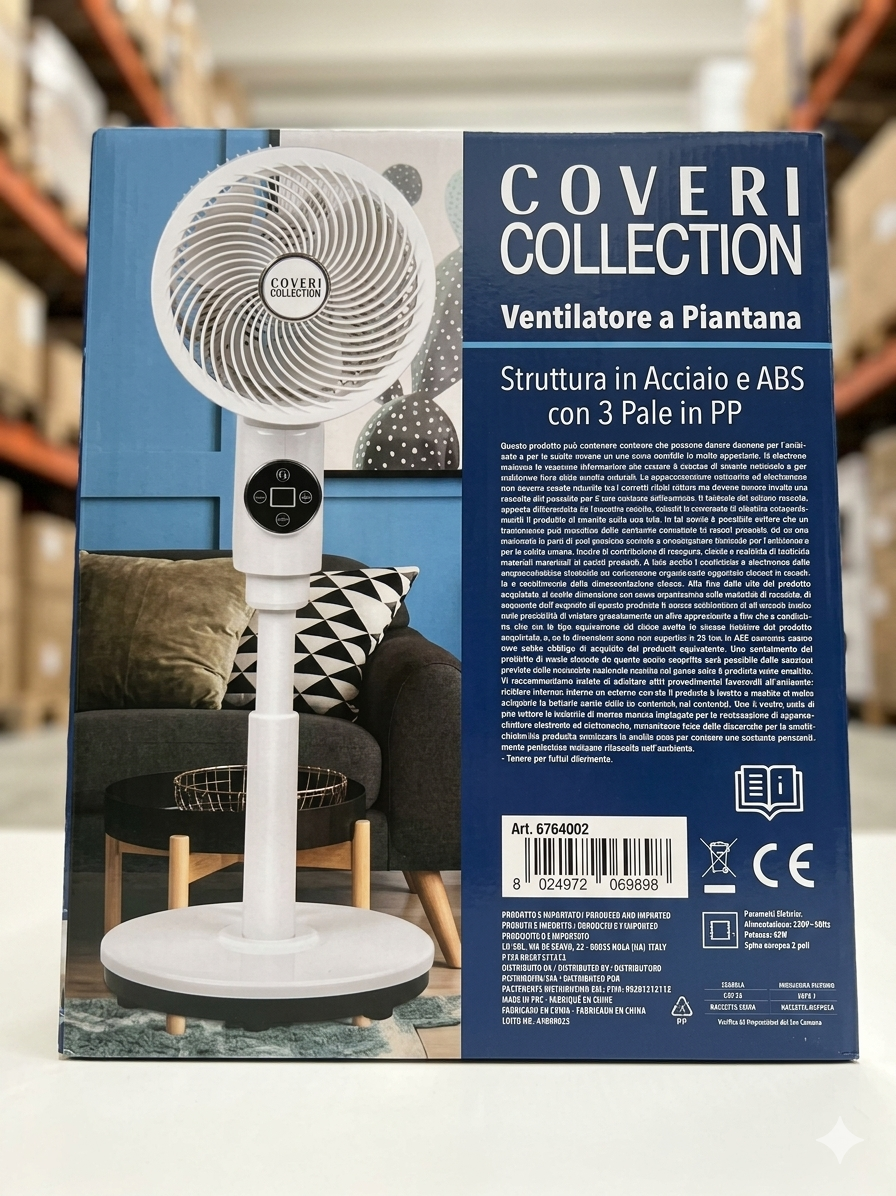 Ventilatore a Piantana con 3 Pale, Leggero e Salvaspazio, Potenza 45 Watt con Telecomando e 6 Velocità Selezionabili, Funzione Timer, Base Antiribaltamento, Ventilazione Silenziosa