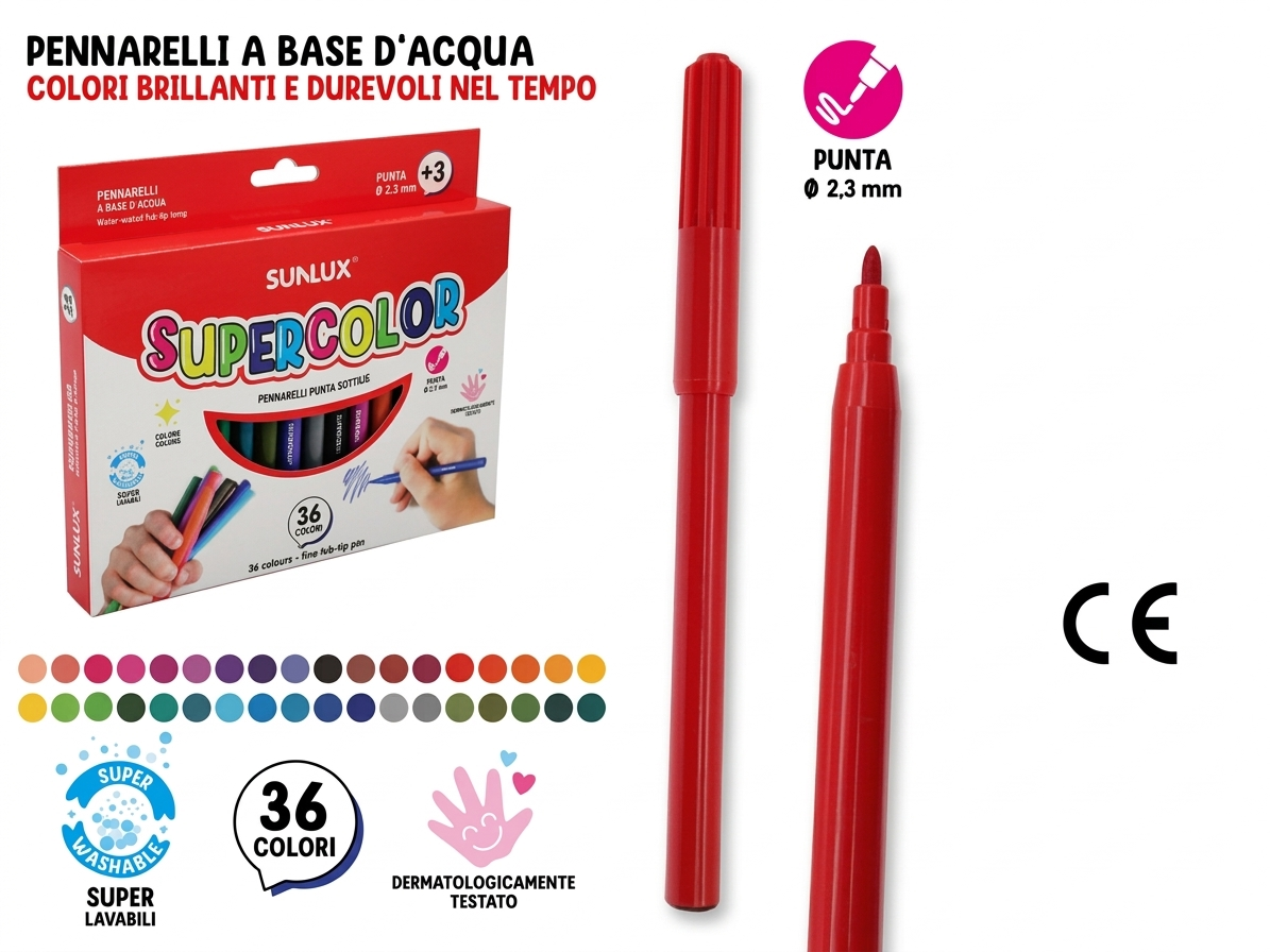 Sunlux Set di 36 Pennarelli Supercolor a Punta Sottile 2,3 mm Lavabili e Sicuri per Scuola e Tempo Libero 36 Colori Brillanti ART 7885926