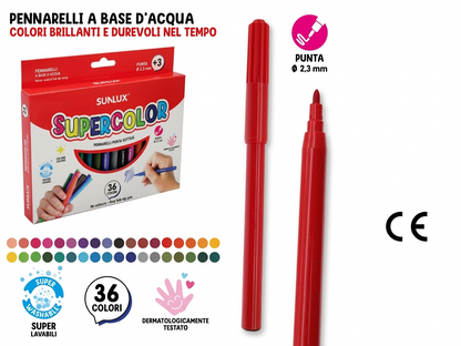 Sunlux Set di 36 Pennarelli Supercolor a Punta Sottile 2,3 mm Lavabili e Sicuri per Scuola e Tempo Libero 36 Colori Brillanti ART 7885926