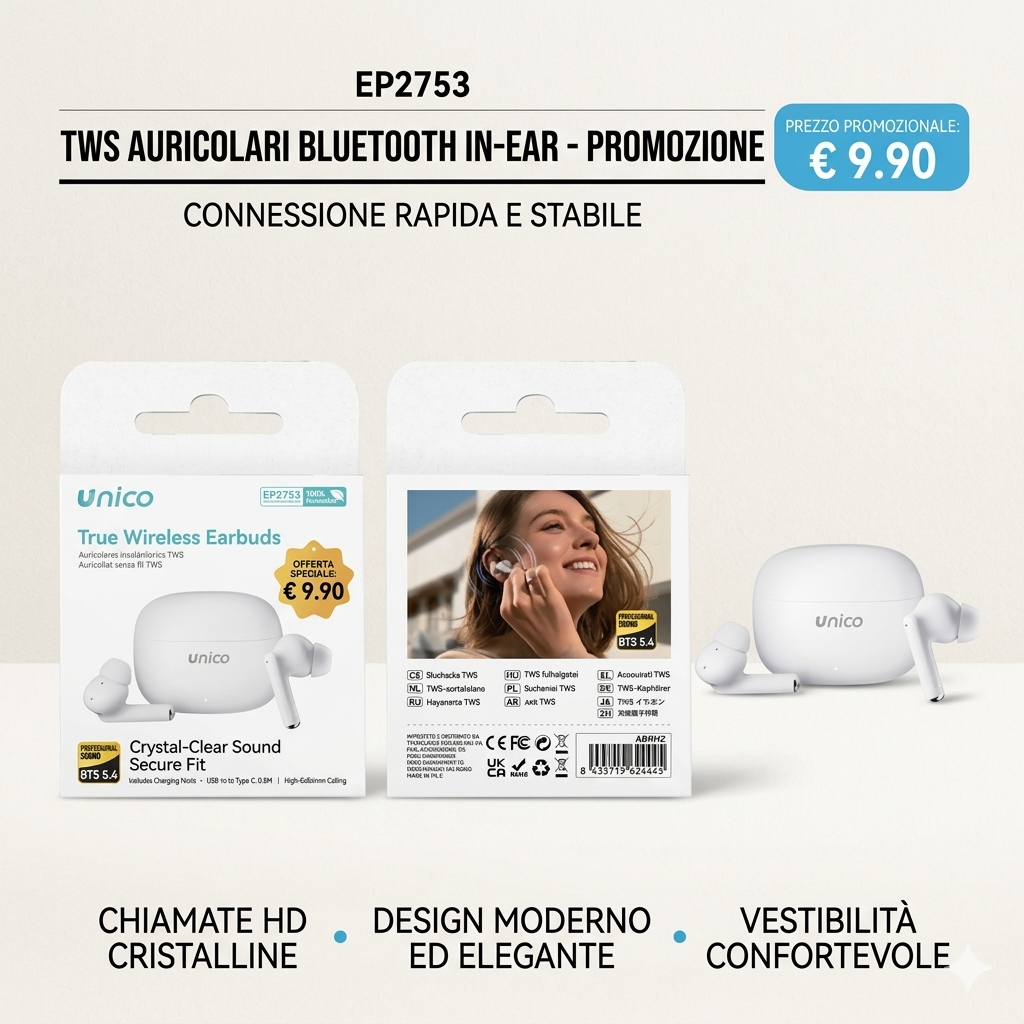 Auricolari Bluetooth TWS V5.4, Cuffie In-Ear con Chiamate HD Cristalline, Design Ergonomico e Moderno, Accoppiamento Rapido, Bianco - PROMOZIONE SPECIALE €9,90