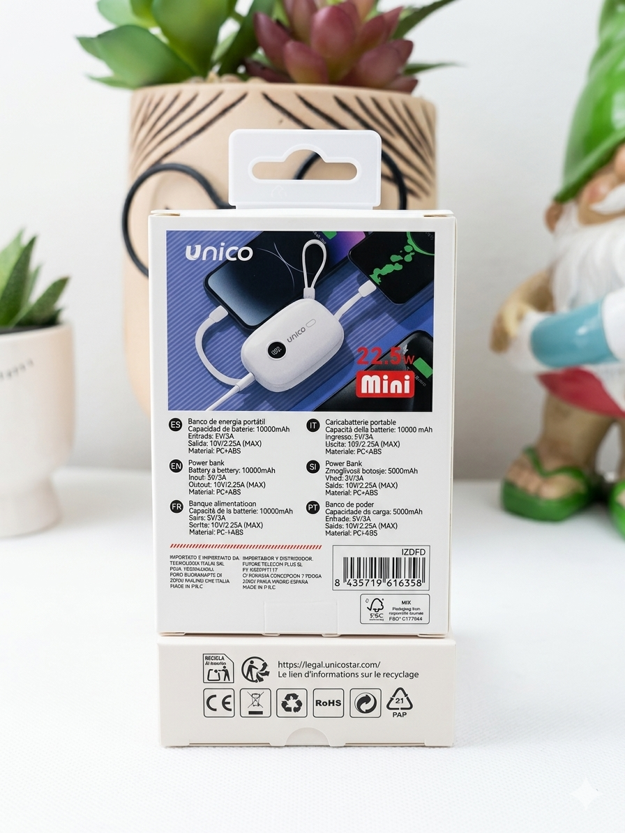 Unico Power Bank 10000mAh con Cavi Integrati Ricarica Rapida 22.5W Portatile e Compatto per Dispositivi Mobili