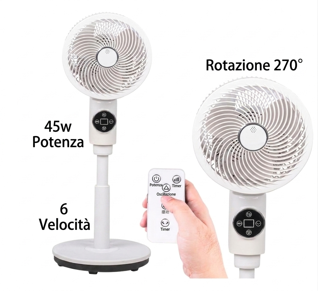 Ventilatore a Piantana con 3 Pale, Leggero e Salvaspazio, Potenza 45 Watt con Telecomando e 6 Velocità Selezionabili, Funzione Timer, Base Antiribaltamento, Ventilazione Silenziosa