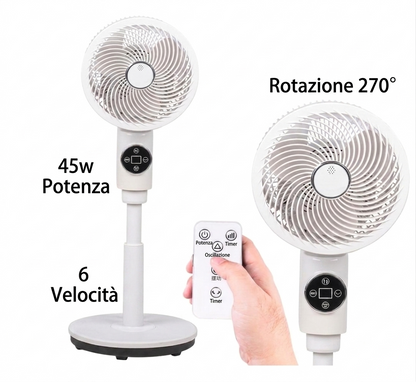 Ventilatore a Piantana con 3 Pale, Leggero e Salvaspazio, Potenza 45 Watt con Telecomando e 6 Velocità Selezionabili, Funzione Timer, Base Antiribaltamento, Ventilazione Silenziosa