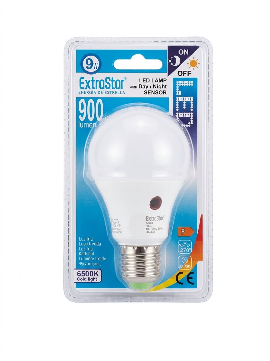 ExtraStar Lampadina LED E27 9W giorno-notte auto Sensore di Luce FREDDA 900 Lumen 6400K Luce FREDDA Max 5m