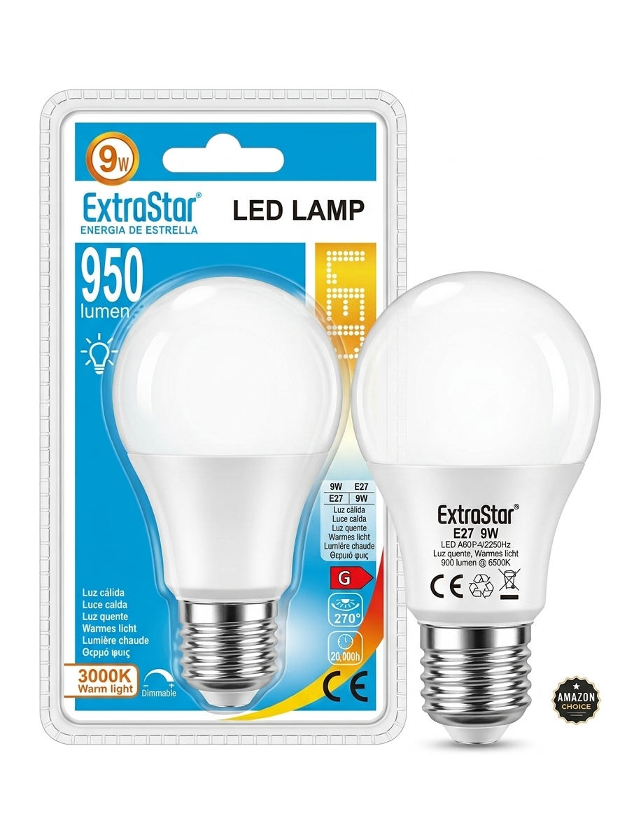 ExtraStar Lampadina LED E27 9W giorno-notte auto Sensore di Luce CALDA 900 Lumen 3000K Luce CALDA Max 5m