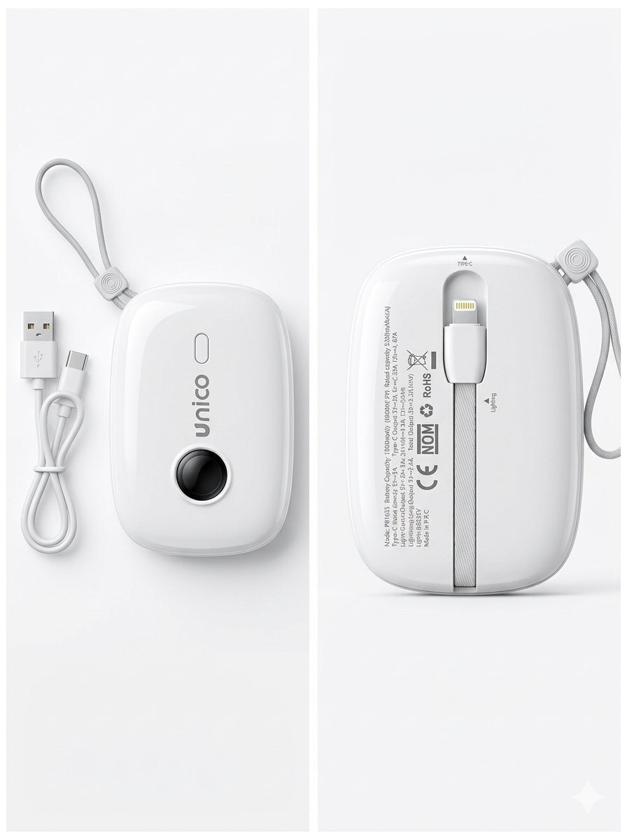 Unico Power Bank 10000mAh con Cavi Integrati Ricarica Rapida 22.5W Portatile e Compatto per Dispositivi Mobili