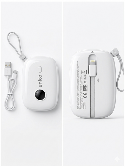 Unico Power Bank 10000mAh con Cavi Integrati Ricarica Rapida 22.5W Portatile e Compatto per Dispositivi Mobili
