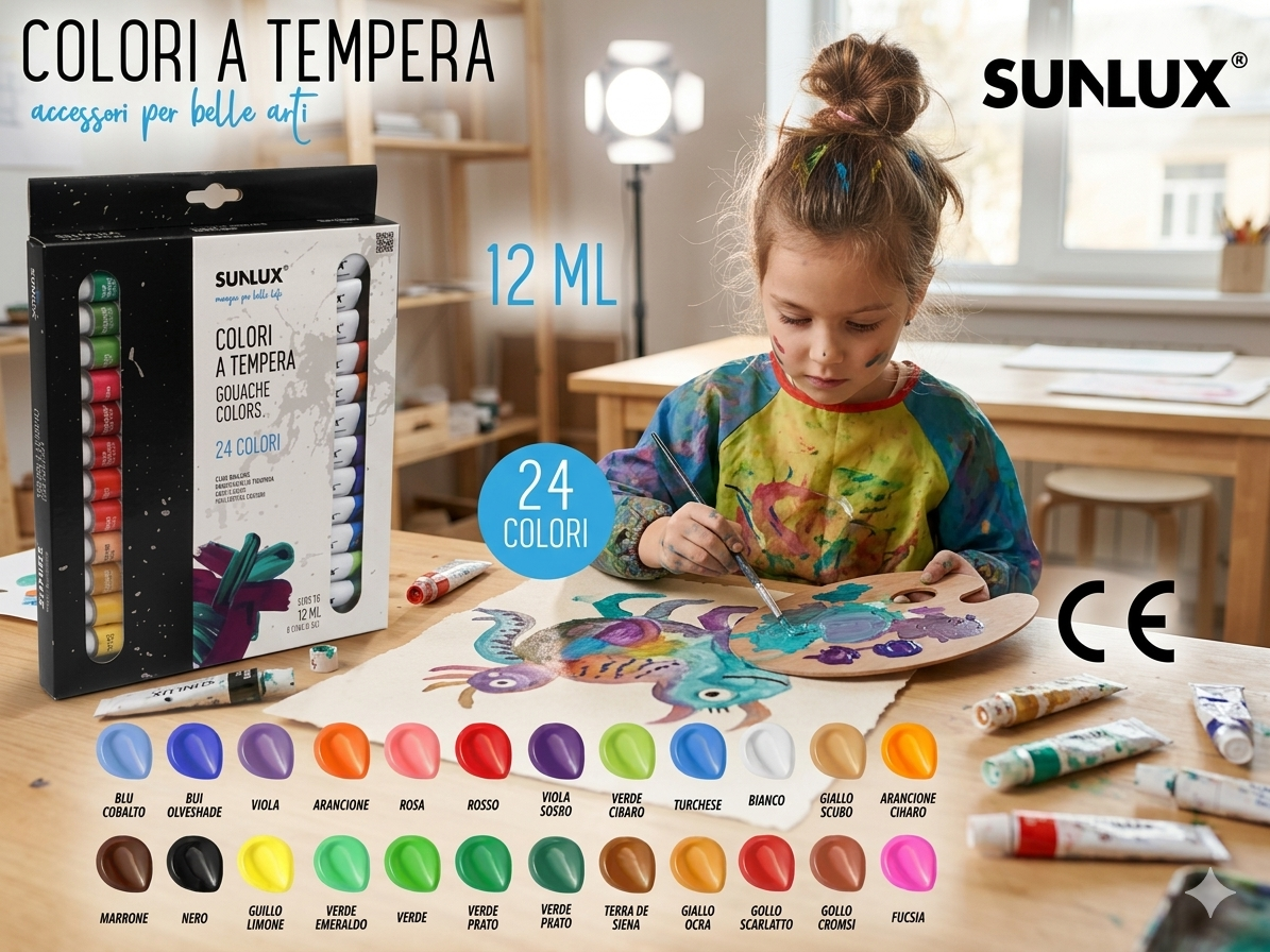 SUNLUX Set di Colori a Tempera Professionali Lavabile 24 Tubetti da 12ml Ideali per Scuola Hobby e Belle Arti Alta Qualità e Copertura Eccellente