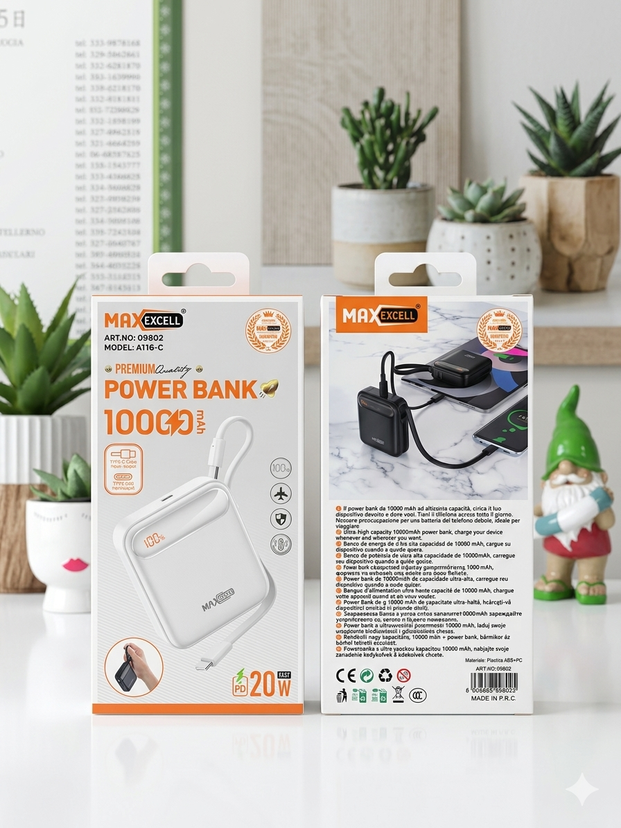 Max Excell Mini Power Bank 10000mAh Fast Charging Portable Pocket with PD 20W Quick Charge LED Display for iPhone and Android Type-C and Lightning Cable