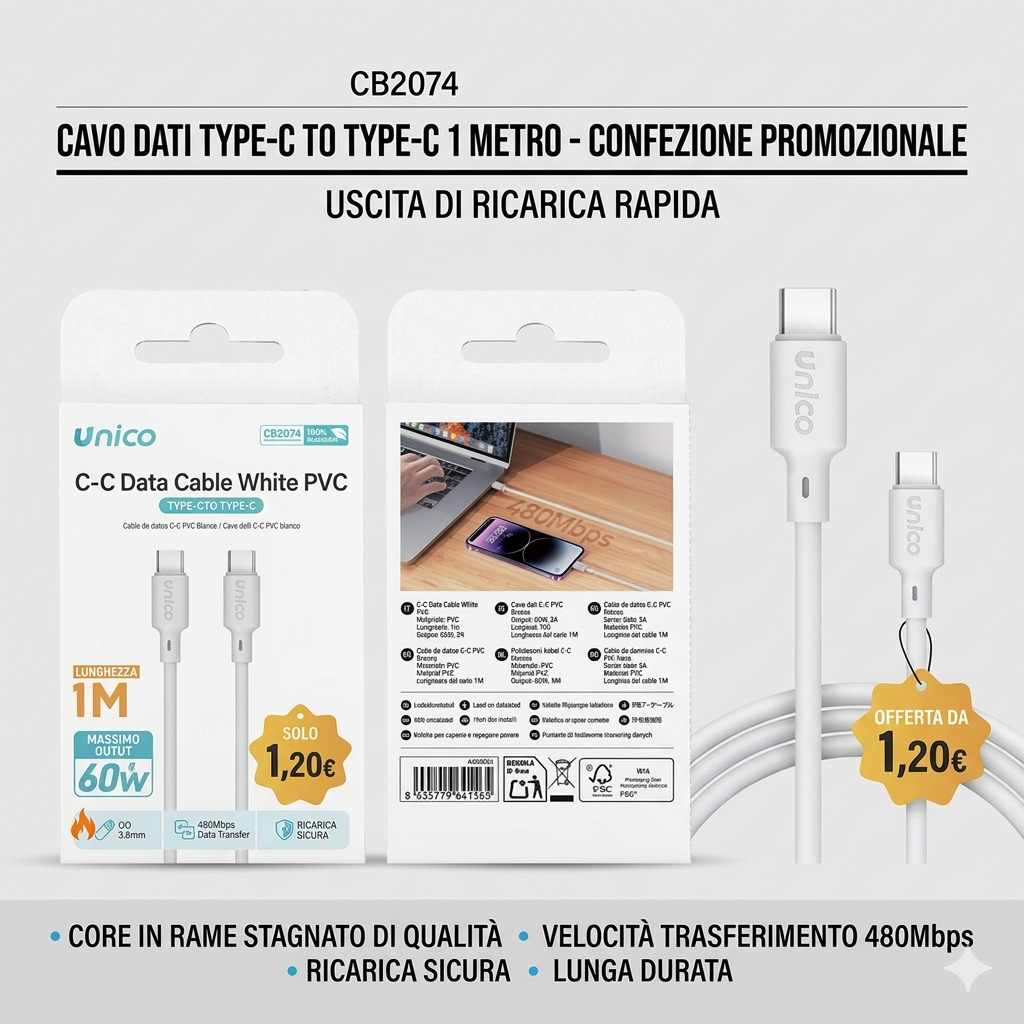 Cavo USB-C a USB-C 1 Metro, Ricarica Rapida PD 60W, Trasferimento Dati 480Mbps, Cavo in PVC con Nucleo in Rame Stagnato, Bianco - OFFERTA LANCIO €1,20