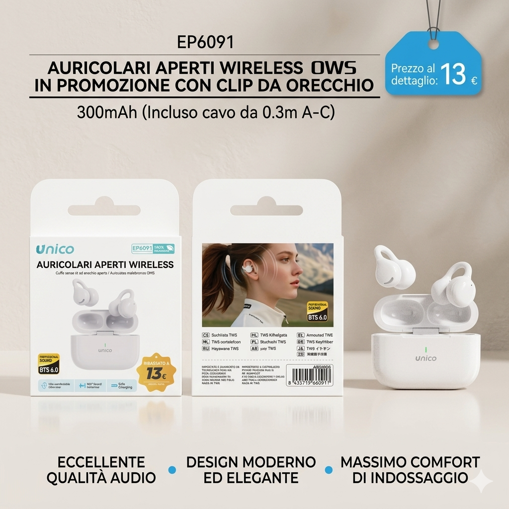 Open Wireless OWS Earbuds with Ergonomic Ear Clip, Bluetooth BTS 6.0, 300mAh Battery with 0.3m A-C Cable, HD Sound, White - SPECIAL PROMO €13.00