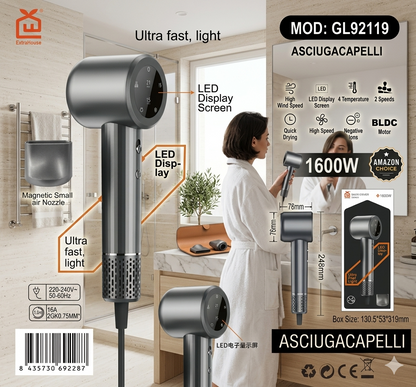 Asciugacapelli ultra veloce potenza 1600W
