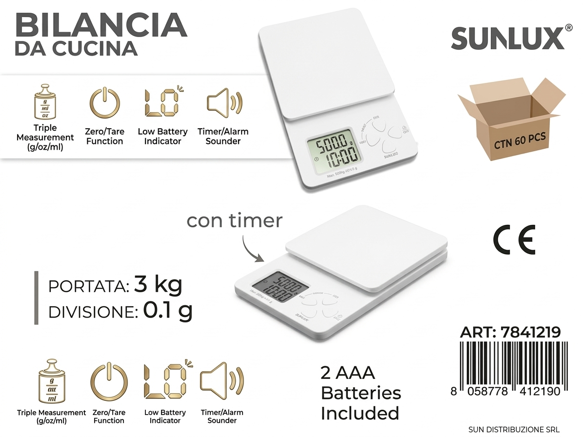 Bilancia Digitale da Cucina 3kg Precisione 1g Display LCD Bilancia Elettronica Alimentare per Cucina