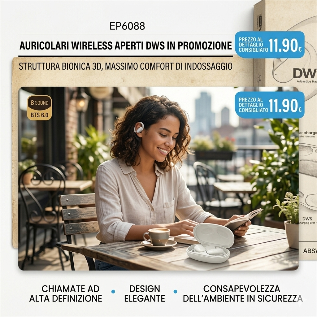 Wireless Open Ear OWS Earbuds, 3D Bionic Structure, Maximum Wearing Comfort, HD Calls, Elegant and Secure Design, White - OFFER €11.90
