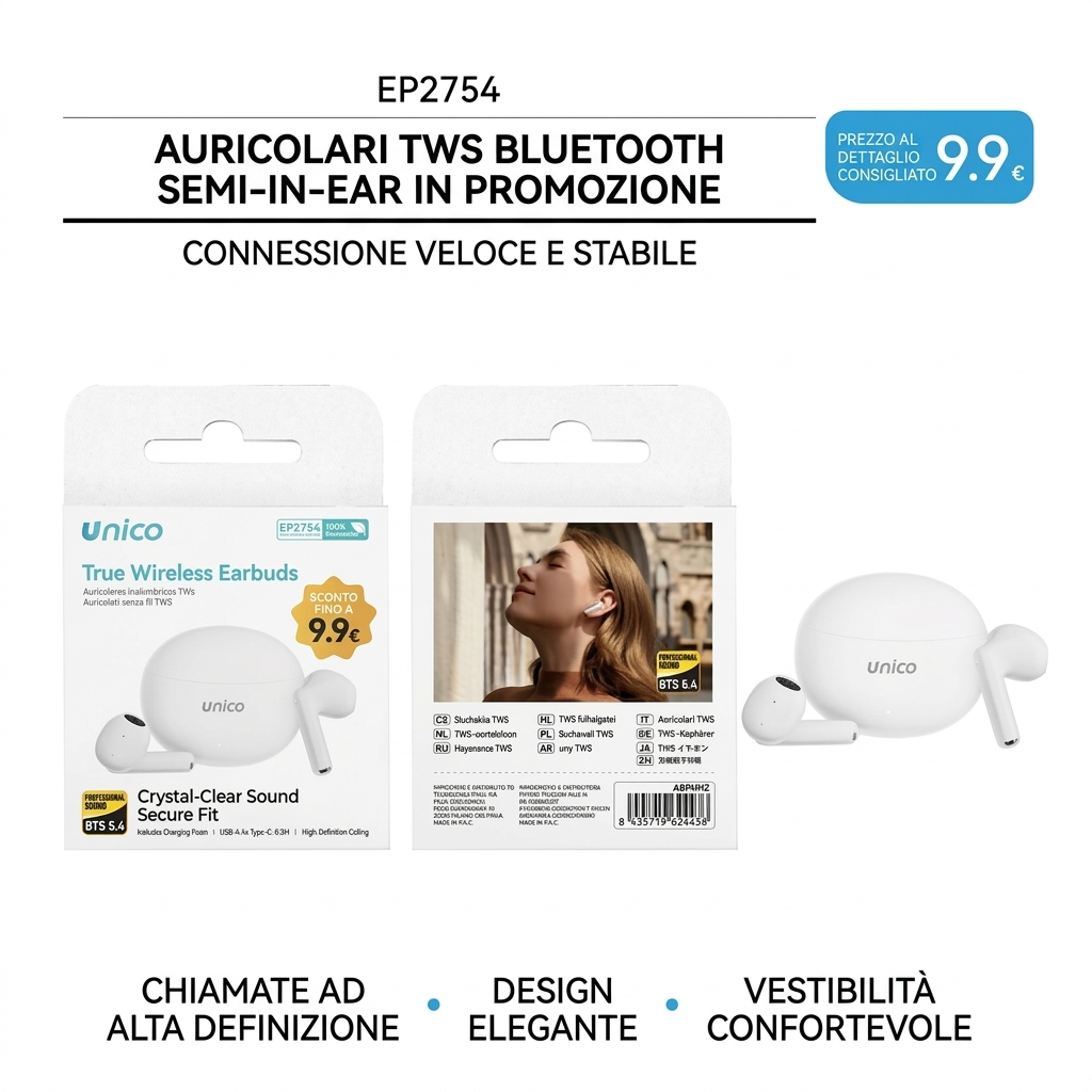 Auricolari Bluetooth TWS V5.4, Cuffie In-Ear con Chiamate HD Cristalline, Design Ergonomico e Moderno, Accoppiamento Rapido, Bianco - PROMOZIONE SPECIALE €9,90
