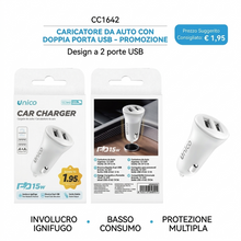 Unico CC6026 Caricabatterie Auto Dual USB 3A Rapido, Design 2 Porte, Ignifugo e Basso Consumo, Compatibilità Universale, Bianco - PROMOZIONE ORA €1,95