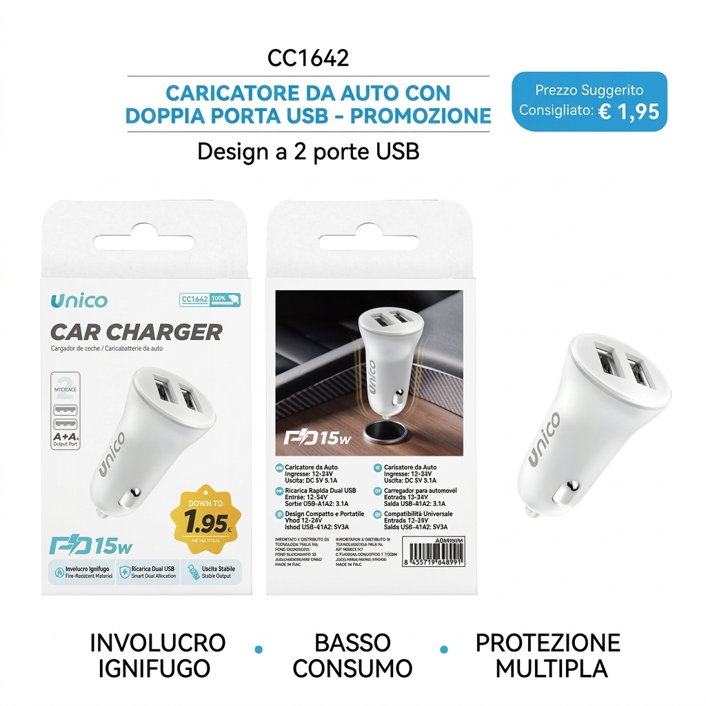 Unico CC6026 Caricabatterie Auto Dual USB 3A Rapido, Design 2 Porte, Ignifugo e Basso Consumo, Compatibilità Universale, Bianco - PROMOZIONE ORA €1,95